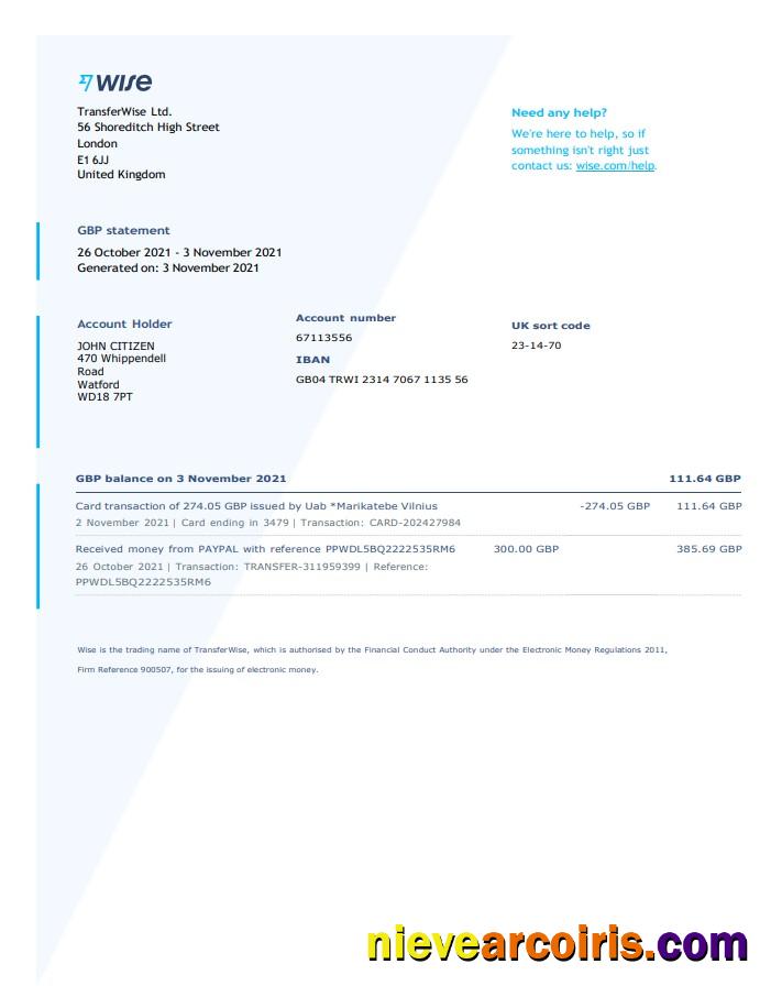 United Kingdom Wise bank statement in Word and PDF format